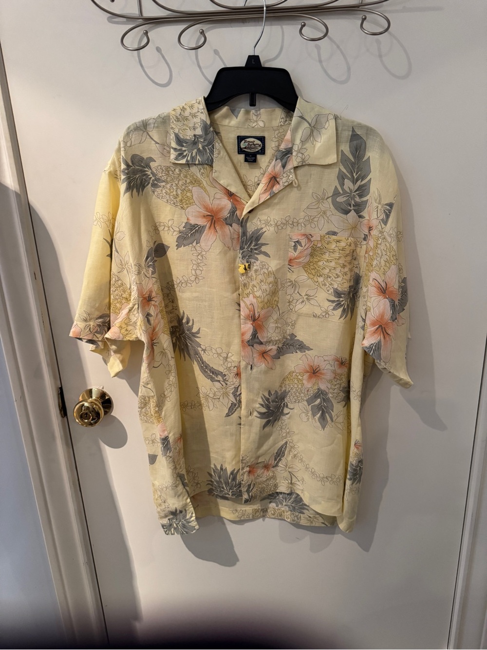 Tommy Bahama Light Yellow Floral 100% Linen Camp Shirt with orange Accents